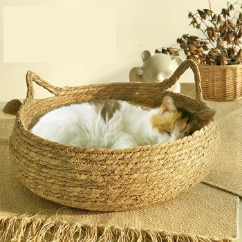 Rahat Kedi köpek yatağı Yaz Kedi Tırmalama Panosu Rattan Yıkanabilir Kitty Kumu Kedi Malzemeleri Dokuma Çıkarılabilir Yastık Pet Uyku Yuva