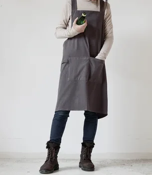 Çapraz Sırt Keten Garson Önlük Japon Hiçbir Bağları Düz Renk Sadelik Önlük X Şekli Geri Mutfak Pişirme Giysileri